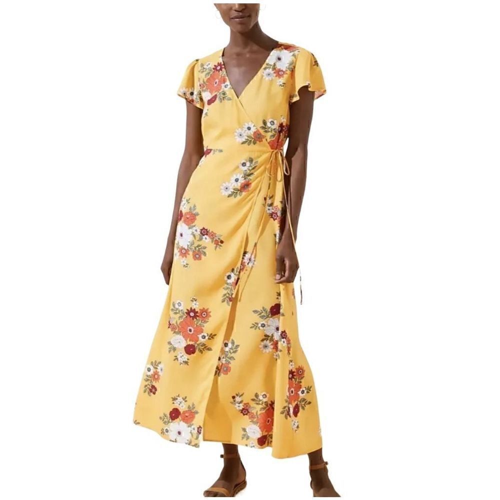 Loft beach yellow floral flutter sleeve maxi wrap dress size M